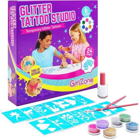 Coffret Cadeau Fille – Tatouage Paillette Enfant – 33 Pièces – Inclus 24 Pochoirs – Éphémère 4-11 ans.