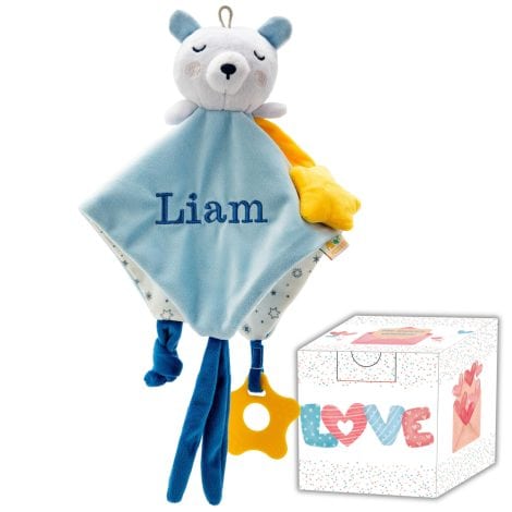 Doudou PITI COT, un ourson personnalisable pour les nouveaux-nés. Cadeau de naissance idéal pour bébé garçon ou fille. (Bleu Ciel)