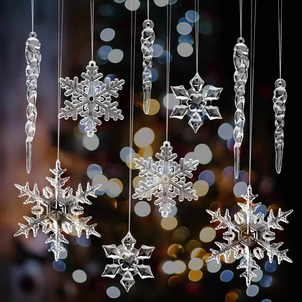 Feelhap Lot de 47 Décoration de Noël en Forme de Stalactites et Flocons de Neige en Acrylique,Décoration d'hiver pour Décorations de Sapin de Noël Glaçon Ornement Suspendu Transparent(4 Types)