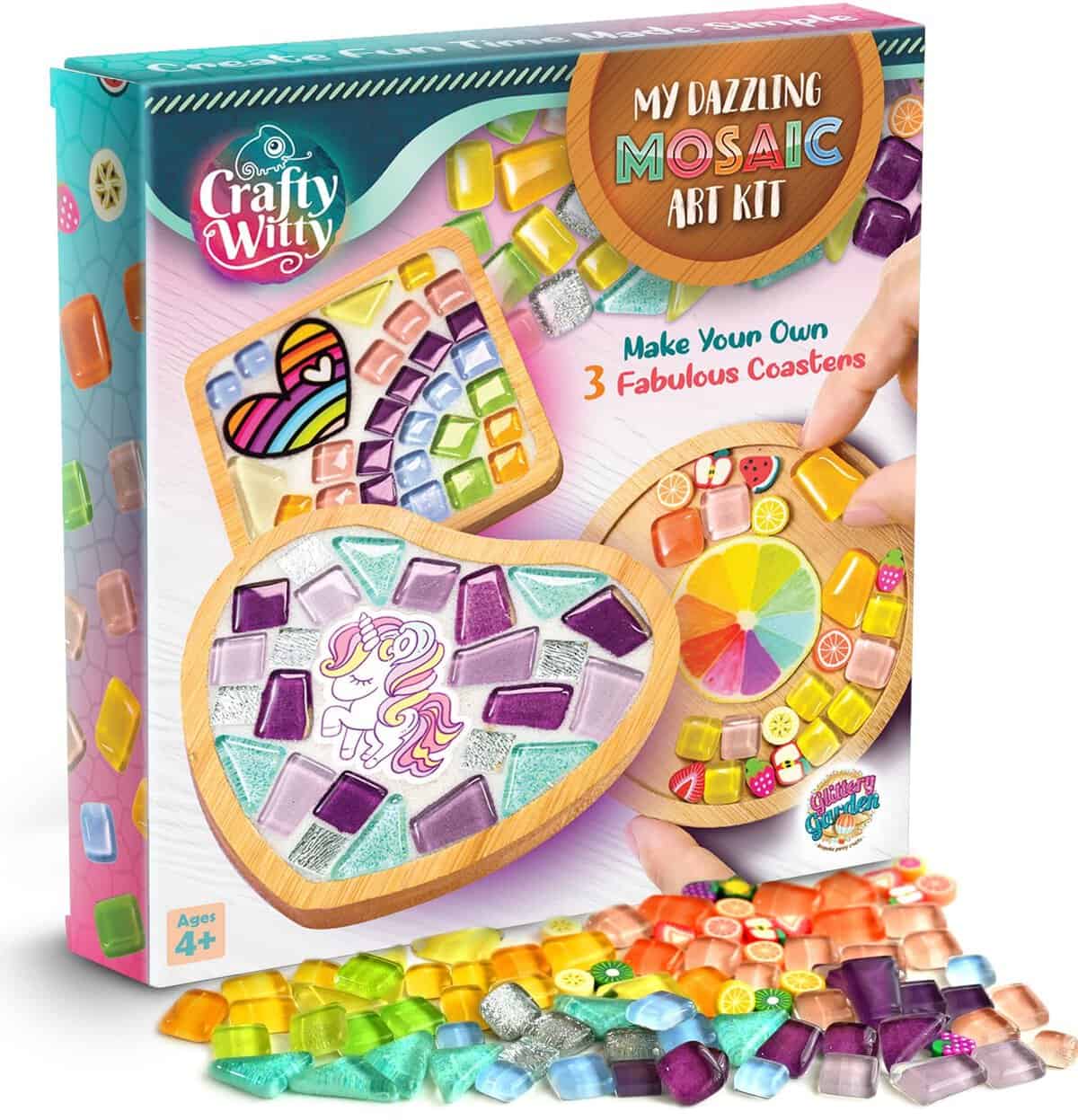 Kit d'artisanat en mosaïque - Décorez votre propre sous-verre avec des carreaux. Cadeaux d'anniversaire pour filles, fournitures d'art, kit d'activités pour enfants et adolescents