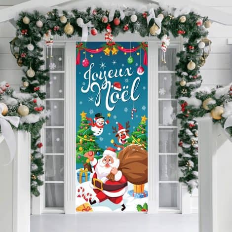 Bannière de Noël joyeux en français pour décorer la porte extérieure en France. Taille : 185 * 90 cm.