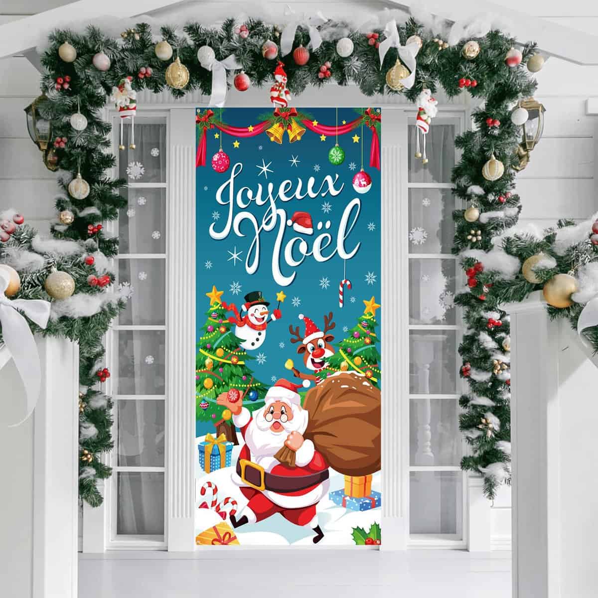 DPKOW Français Joyeux Noël Porte Bannière pour Noël Décoration, Joyeux Noël Bannière pour France Noël Porte Extérieure Décoration, Noël Toile de Fond Jardin Mur Décoration Fournitures, 185 * 90cm