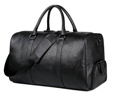 Sac de voyage en cuir PU vintage pour homme, idéal pour sport, week-end, camping et randonnée. Livré avec une pochette à chaussures. (Noir, 39L)