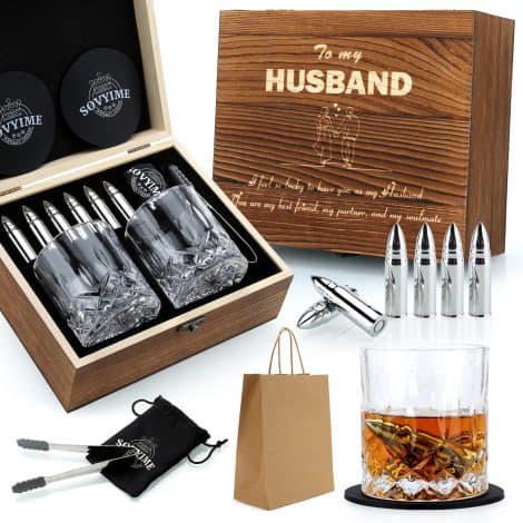 Ensemble de cadeaux pour mari : verre à whisky avec pierres réutilisables, cadeau idéal pour anniversaire de mariage et Saint Valentin.