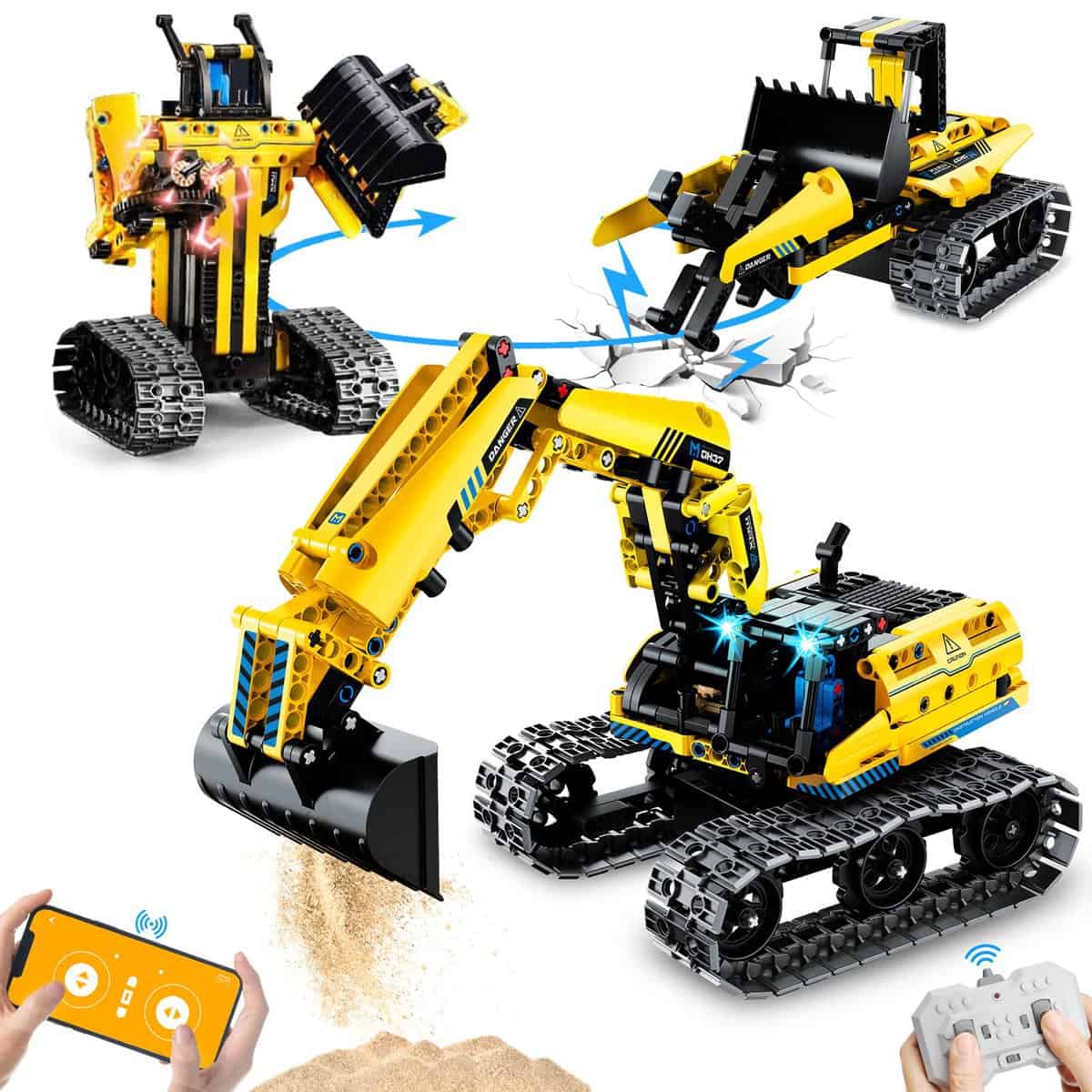 OKKIDY 3 en 1 RC Pelleteuse Robot Jouet de Construction Voiture, 430 Pcs Technique Télécommande Bâtiment Jouet pour Enfants, STEM Coffrets de Construction Jouets Cadeaux pour 6+ Ans Garçons Filles