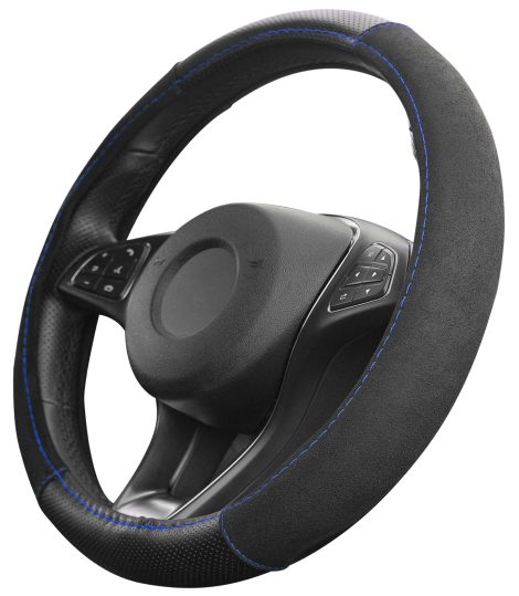 Protection de volant bleue en Alcantara pour voiture, compatible avec toutes les tailles. Idéal pour toutes saisons.