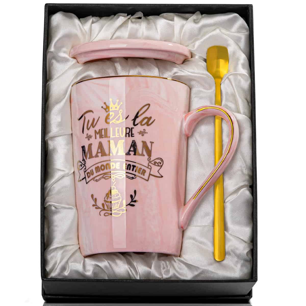 Cadeau Maman, Cadeau Anniversaire Maman, Noël Cadeau pour Maman, Cadeau Fête des Mères "Tu Es La Meillieure Maman Du Monde Entire'' Tasse à Café en Céramique Marbrée, 400 ml, vec Boîte Cadeau Exquise
