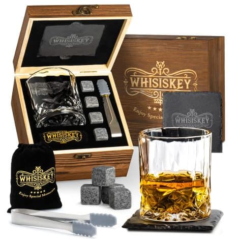 Whisiskey – Boîte de whisky – Coffret pour homme – 4 pierres à whisky, 1 verre à whiskey et 1 sous-verre.