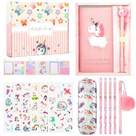 Maomaoyu Kit Licorne, Coffret Cadeau Licorne pour Filles 4-11 ans avec Trousse, Carnet, Autocollants, Notes, Rose.