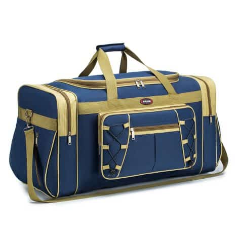 Sac de sport pliable de 70L pour homme, idéal pour le voyage, le fitness et le camping. Disponible en jaune bleu.