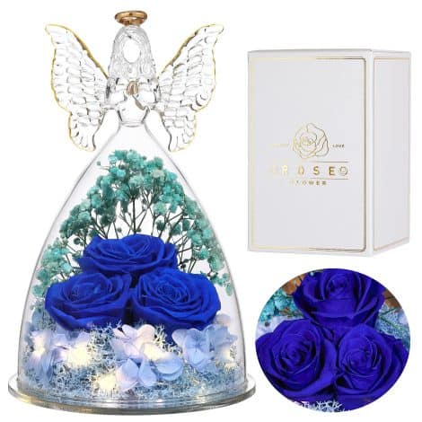 Figurines d’ange en verre, roses véritables préservées, cadeaux pour elle à Noël, Saint-Valentin, Fête des Mères. Bleu foncé