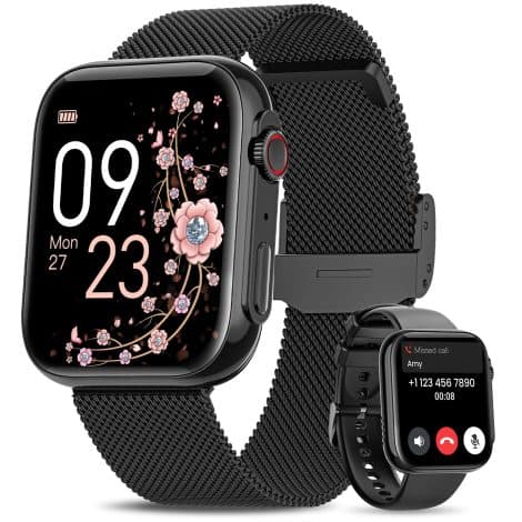 Montre connectée féminine AIMIUVEI avec Bluetooth 5.3, écran 1.85″, cadeau avec 3 bracelets, 120+ modes sportifs, suivi des règles, fréquence cardiaque SpO2, sommeil, podomètre IP68 Android iOS Noir.