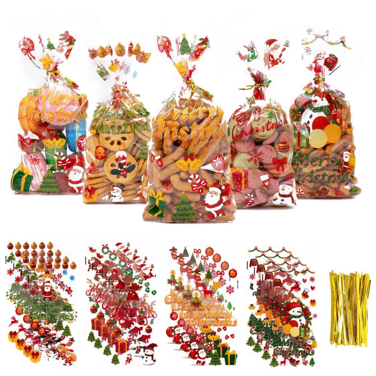 Larcenciel 100 Sachet Bonbon Noel en Cellophane, 4 Styles Sachet Transparent Bonbon et Biscuit avec Père Noël pour Emballage Cadeau, Petit Sac Cadeau pour Biscuit, Bonbon, Popcorn, Sucette, 28x14cm