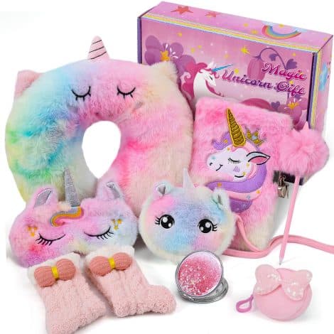 Peluche licorne Tacobear : cadeau idéal fille 6-10 ans. Avec coussin de voyage, masque de sommeil, journal, chaussettes, miroir, sac à main et autres accessoires de voyage. Parfait pour anniversaire ou Noël. Convient aux enfants.