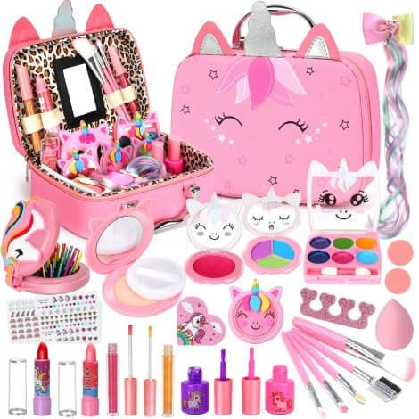 Coffret de maquillage lavable pour enfant, idéal comme cadeau de Noël ou anniversaire pour les filles de 3 à 7 ans.