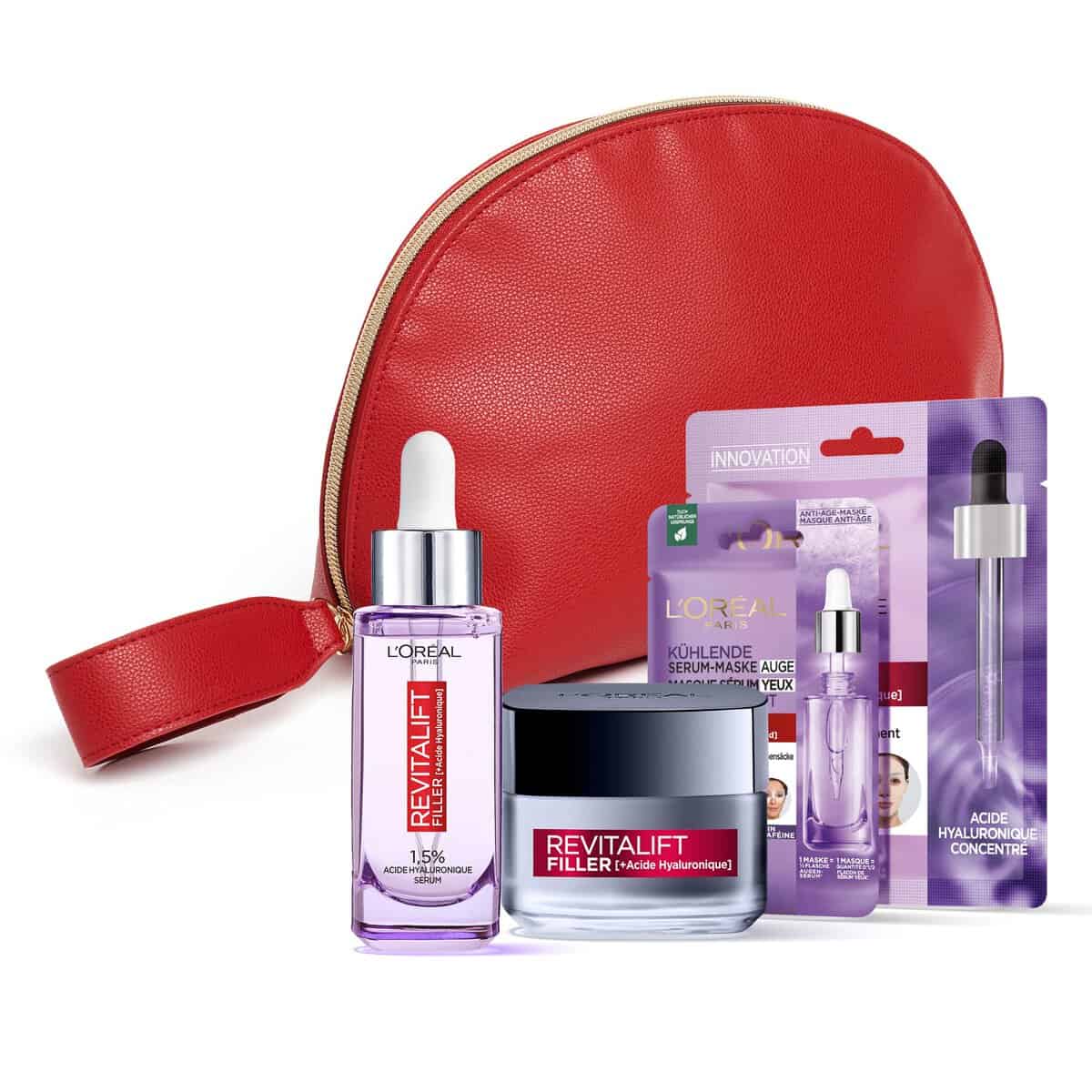 L’Oréal Paris – Trousse Cadeau Routine Repulpante – Acide Hyaluronique Pur – Hydratation, Volume & Fermeté – Sérum Anti-rides, Crème Revolumisante & 2 Masques Sérum – Revitalift Filler – 4 produits