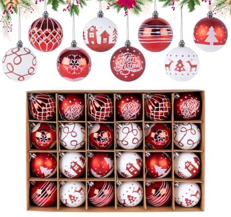 Ensemble de 24 boules de Noël incassables en plastique pour décorations d’arbre Rouge et Blanc Ø6cm intérieur/extérieur.