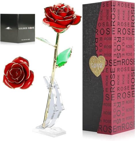 Rose dorée Luxe avec support, coll. ELEUTH en plaqué or 24K, idéale pour offrir à maman, sa Valentine, ou l’amie spéciale. Parfait pour anniversaires, Fête des Mères ou mariage.