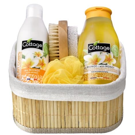 Coffret cadeau Cottage Monoï – Douche à l’huile + Lait pour le corps + Fleur de douche + Brosse pierre ponce – Made in France – 97% ingrédients naturels.