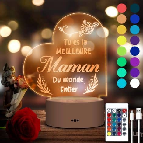 Idée de cadeau pour maman, grand-mère, ou femme : veilleuse gravée et colorée pour anniversaire, Saint-Valentin ou Fête des Mamies.