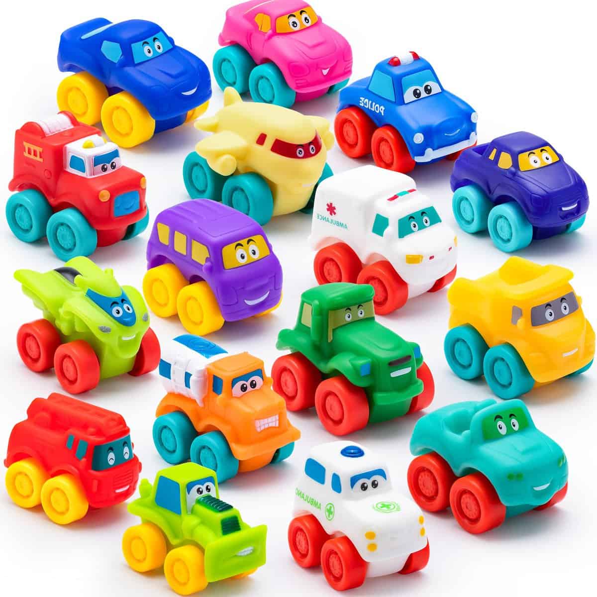 JOYIN 18 pièces Voitures de Dessin animé, Voiture Jouet en Caoutchouc Souple, Mini véhicules Jouets, Voiture Jouet de Bain pour Les Tout-Petits, Cadeau pour garçons et Filles, Anniversaire de Noël