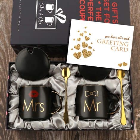 Ensemble de tasses à café Mr & Mrs pour couples – Idéal pour fiançailles, mariage, enterrement de vie de jeune marié – Céramique marbrée.