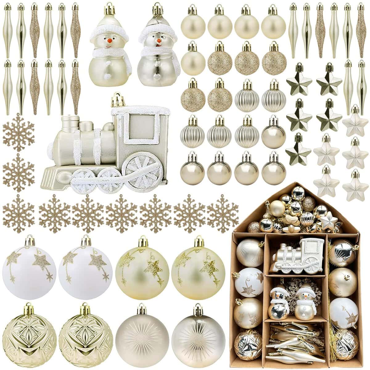 NINGESHOP Boules de Noël, 70 Pcs Decoration Noel Sapin Décorations de Noël en Plastique avec Boule de Noel Or, Decoration Sapin Boules Noel Blanche pour Decoration de Noël, Mariage, Fête Anniversaire