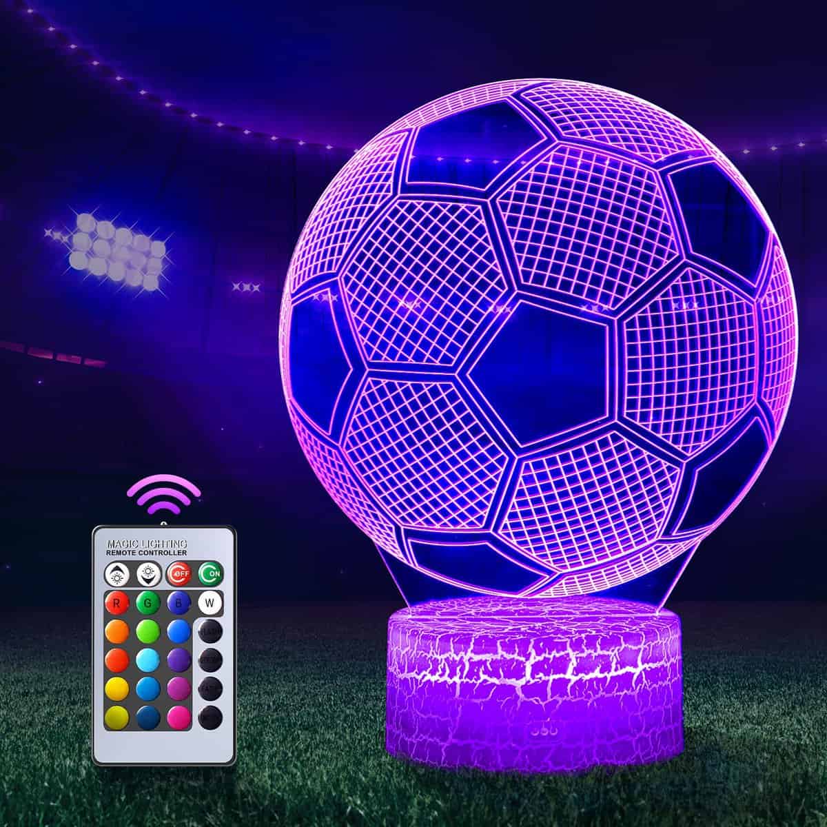 Football veilleuse, 3D LED Lampe Optique Illusion Veilleuse Enfant, Illusion Soccer Effet nuit pour Chambre Chevet Table de Fille Fils Cadeau Anniversaire Surprise Deco Ambiance Créatif 16 couleurs