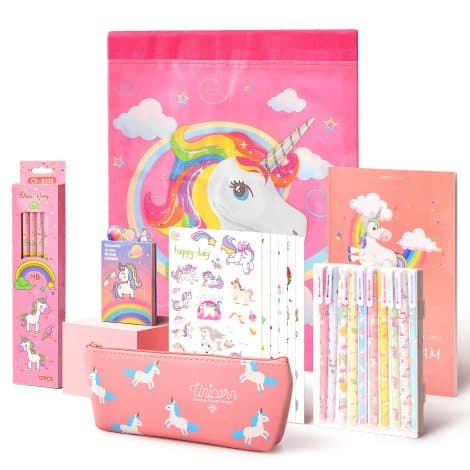 Ensemble de papeterie Licorne “Anyfirst” avec trousse, carnet, stylos gel. Cadeau Licorne pour filles de 7 à 12 ans.