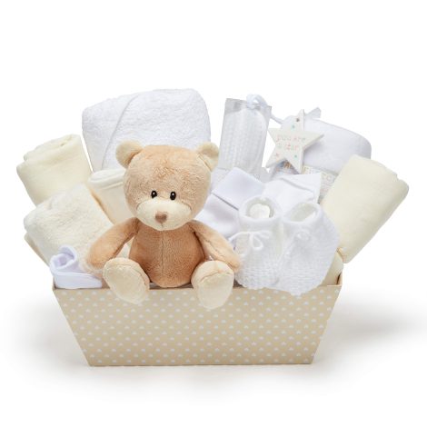 Coffret de Naissance Mixte pour Bébés – Ensemble avec Lange en Polaire, Serviette à Capuche, Vêtements, 2 Étoffes en Mousseline et un Ourson Mignon.