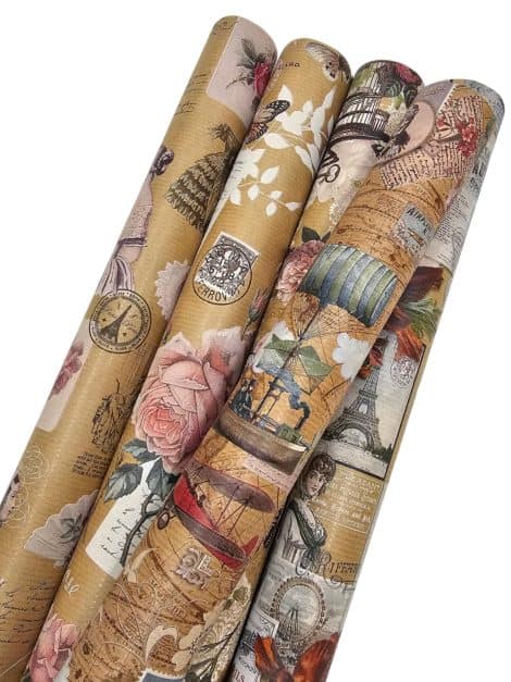 Lot de 5 rouleaux de papier cadeau écologique Paris rétro, recyclé – 2 m x 70 cm – Naturel.