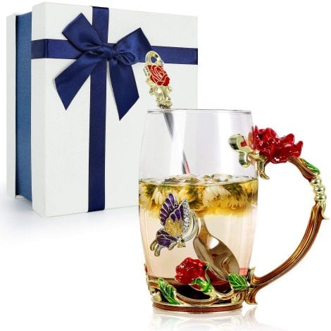 Tasse à thé Fleur de Papillon, tasse à café en verre cristal avec cuillère en acier, cadeau idéal pour femme, amis, anniversaire, fête des mères, Saint Valentin (rouge).