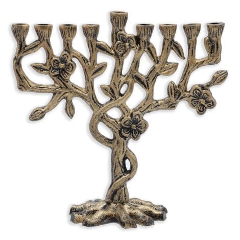 Menorah Hanouka en aluminium de 20 cm de haut, adaptée à toutes les bougies Hanouka standard, avec 9 branches en or antique.