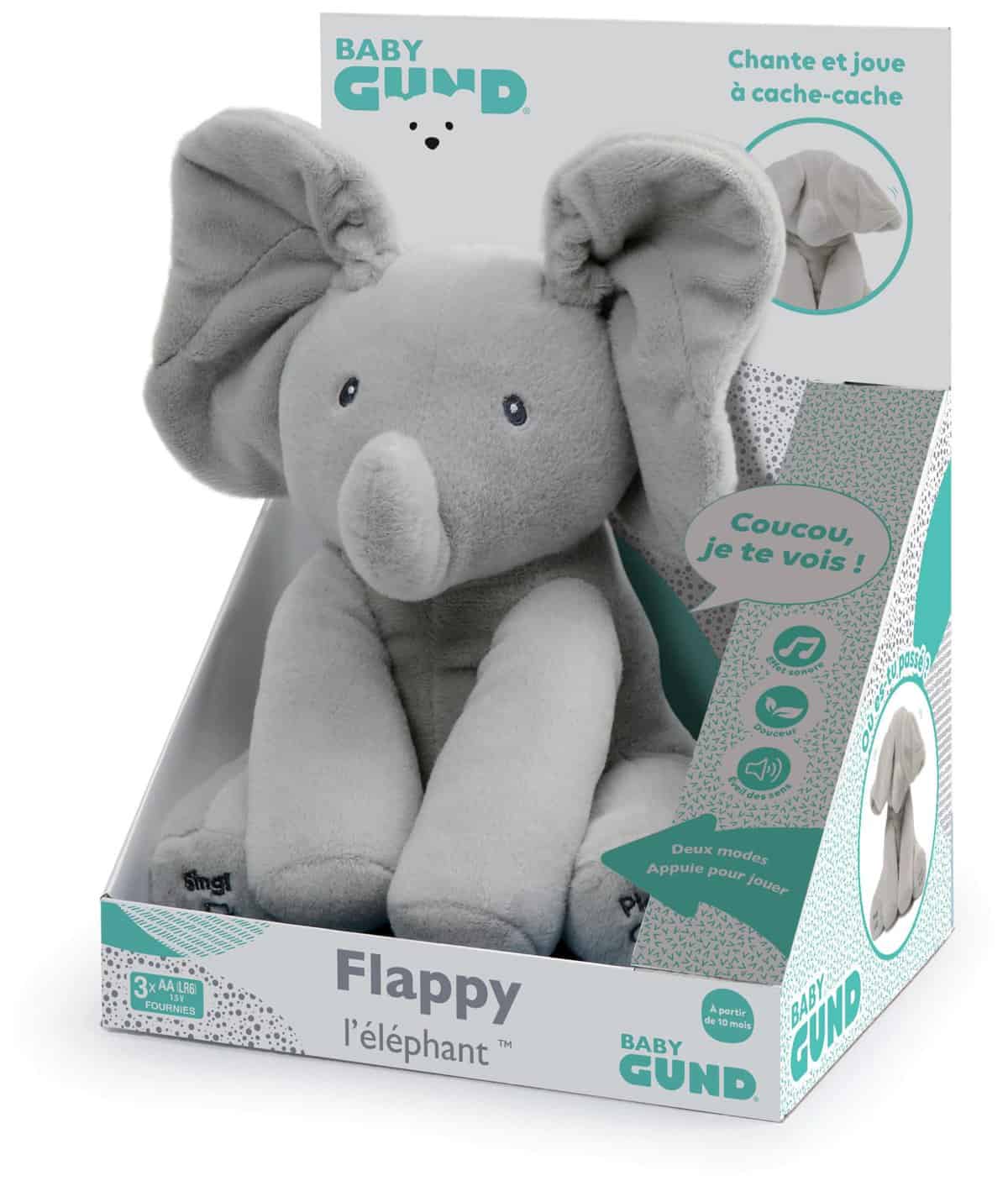 FLAPPY L'ÉLÉPHANT – GUND – Peluche Interactive pour Bébé – Bouge, Parle et Chante en Français pour l'Éveil de Votre Enfant – Peluche Éléphant Taille 30 cm – 6054176 – Jouet Bébé 10 Mois et +