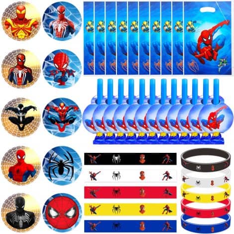 Cadeau Anniversaire Spiderman avec Décoration, comprenant Bracelets, sac cadeau avec insignes, et Dragon Soufflant. Parfaits pour Garçons et Filles.