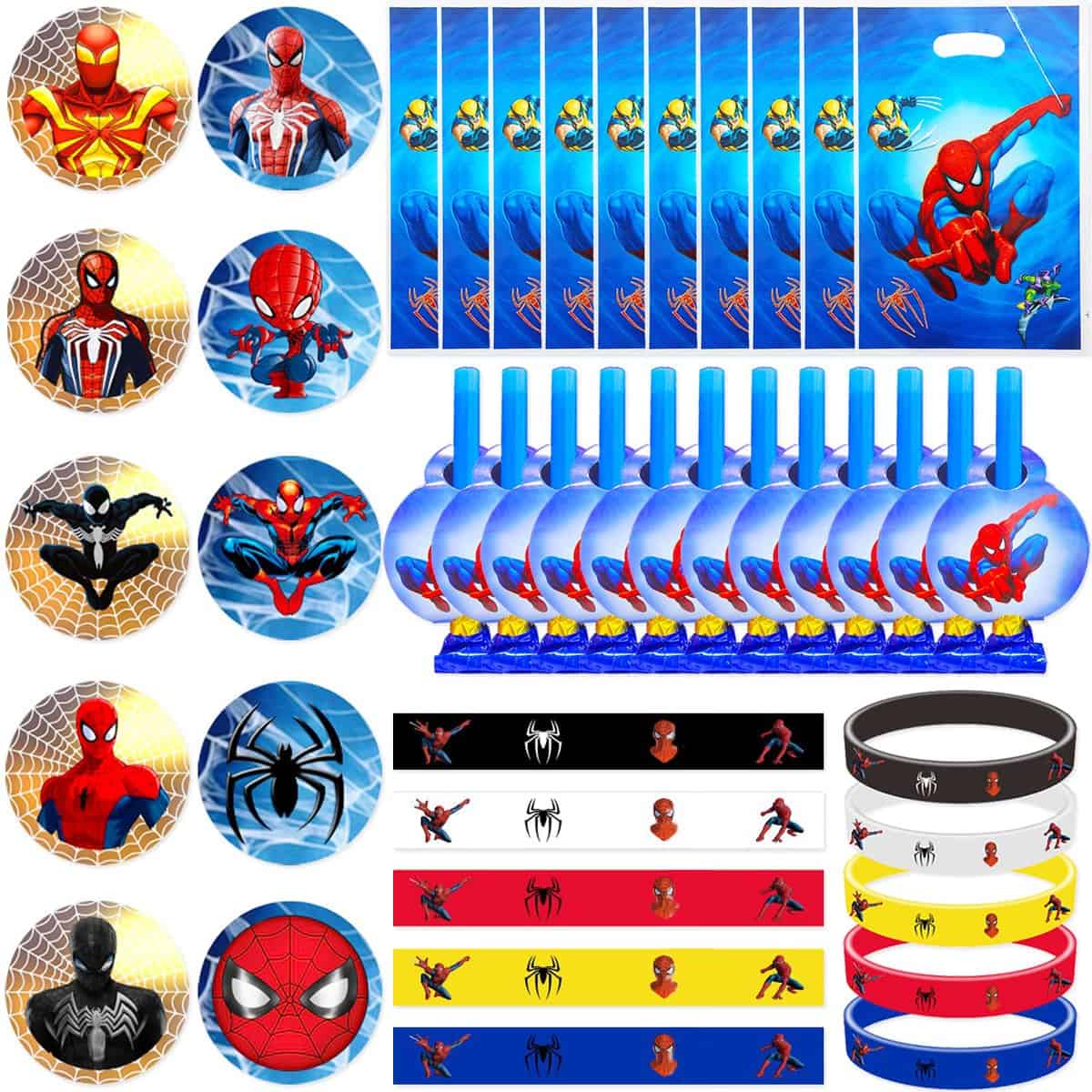 Cadeau Spiderman Anniversaire, Decoration Spiderman Anniversaire, Comprend Spiderman Bracelets, insignes Sac Cadeau, Dragon Soufflant, Cadeaux de fête D'anniversaire pour Garçons et filles