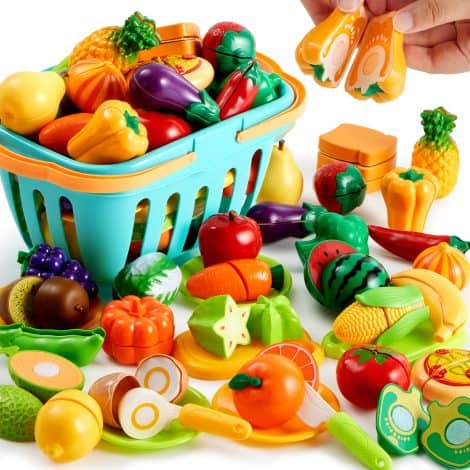 Ensemble de 68 Jouets Alimentaires à découper pour les Tout-Petits, Faux Aliments en Plastique pour la Cuisine.