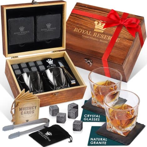 Ensemble Cadeau Whisky – Verres, Pierre Réutilisable, Sous-Verre, Pinces à Glace, Boîte Bois, Cartes Recettes, Sac Velours – Service Whisky Homme Royal Reserve