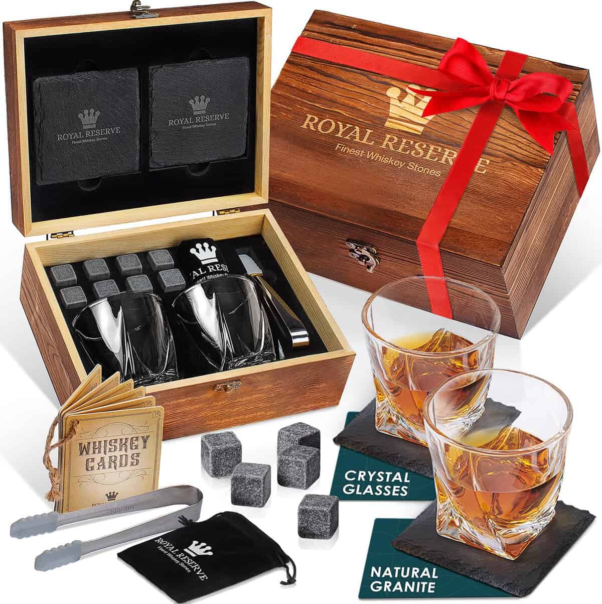 Coffret Whisky Cadeau – Verres, Glacon Pierre Reutilisable, Dessous de Verre, Pinces à Glace, Boîte en Bois, Cartes Recettes, Sac en Velours – Service a Whisky pour Homme de Royal Reserve