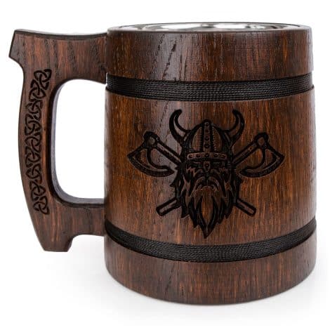 Chope à bière Viking médiévale nordique artisanale en bois de chêne et acier inoxydable, 0.6L, cadeau de Noël masculin.