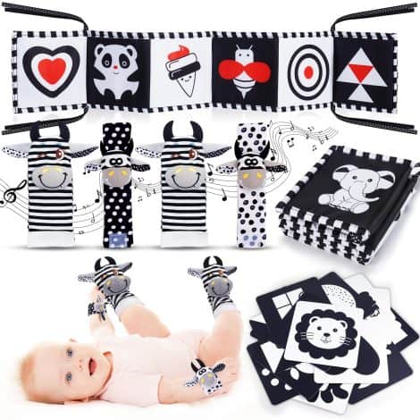 Club Joyeux Enfants : Jouet pour les bébés de 0 à 12 mois, livre en tissu noir et blanc pour l’éveil Montessori, jeux de hochet et cartes sensorielles pour les garçons et les filles.