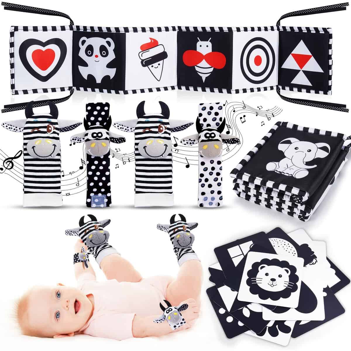 HappyKidsClub Jouet Bebe 0-12 Mois, Livre Tissu Noir et Blanc Bébé Eveil Montessori Jeux Bebe Eveil 0-12 Mois Hochet Bebe Cadeau Naissance Fille Garcon Jouets d'éveil Sensoriel Carte Contraste Bebe