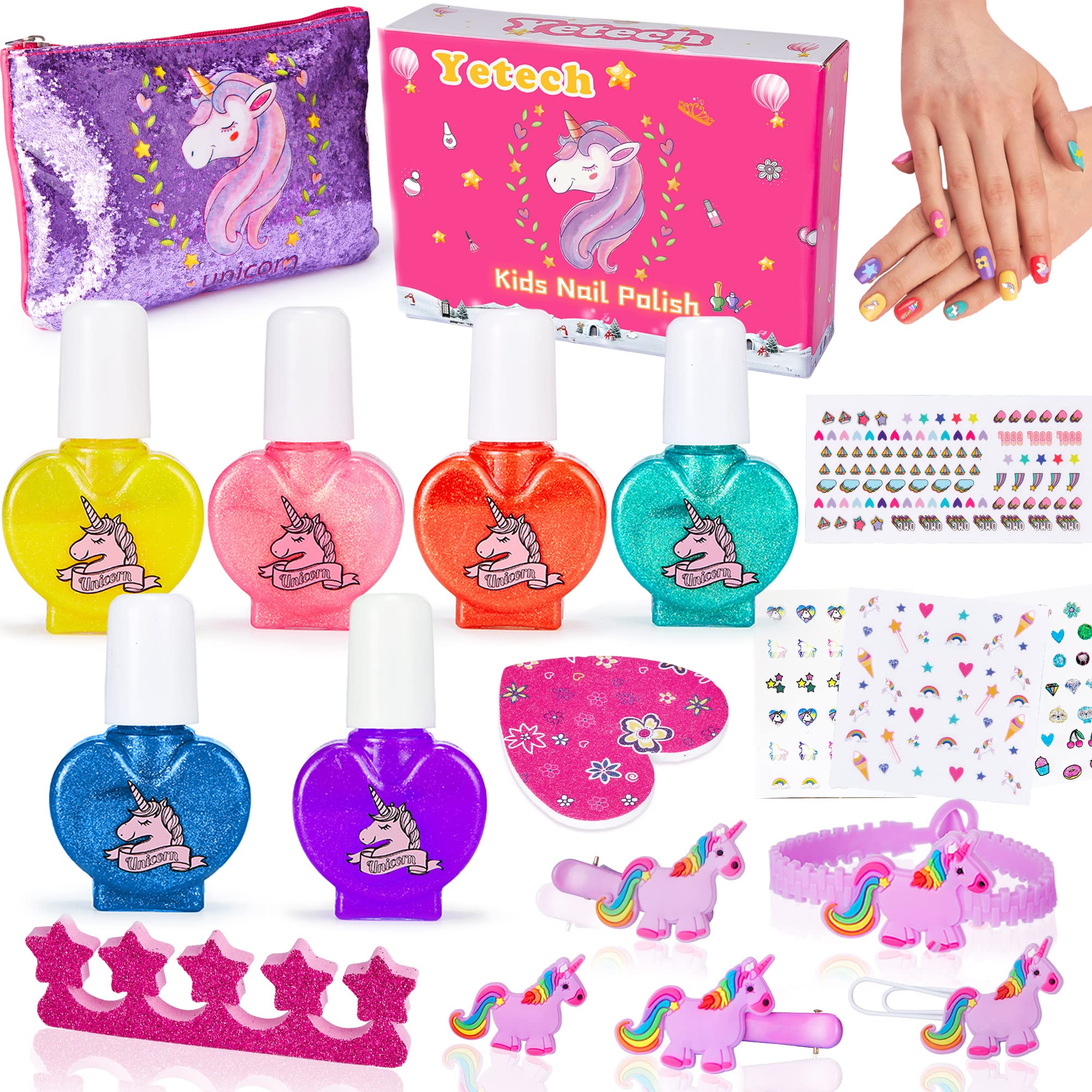 Lubibi 18Pcs Vernis À Ongles Enfant Set,Kit De Salon De Manucure Fille avec Épingle à Cheveux Licorne,Maquillage Enfant Jouet,Nail Art Jouet Cadeau pour Princesse Filles 3 4 5 6 7 8