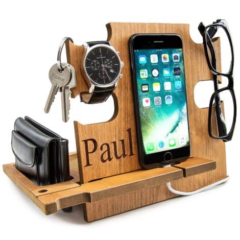 Support en bois pour téléphone pour hommes, Rangement et idée cadeau pour son anniversaire et Noël (Teck)