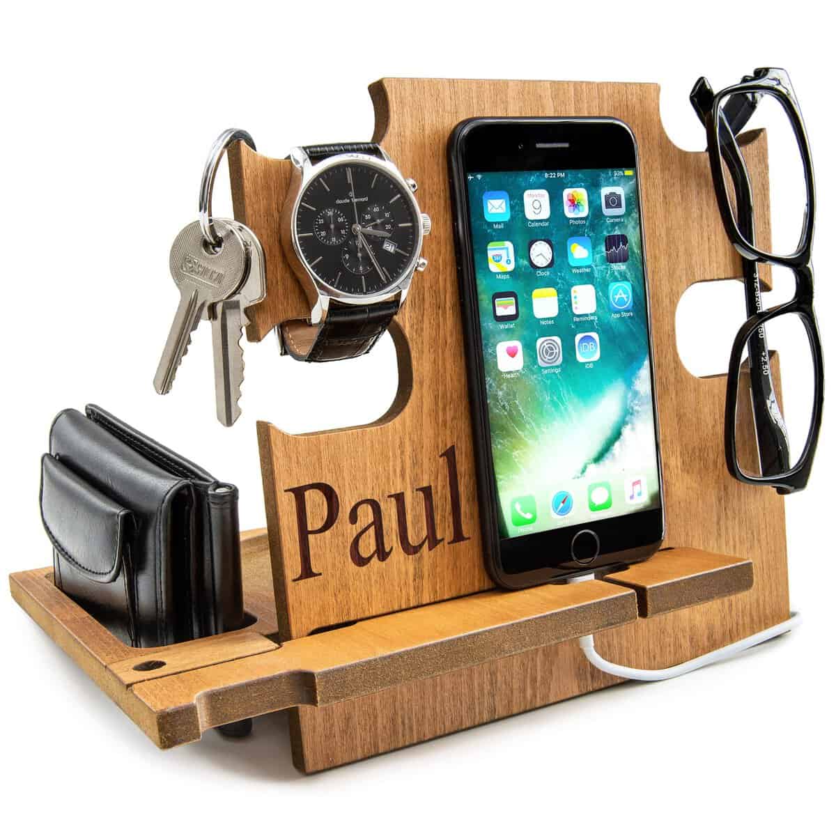 Station d'accueil en bois pour téléphone pour hommes, Organisateur pour hommes, Cadeaux pour hommes pour l'anniversaire, Idées de Noël pour hommes (Teak)