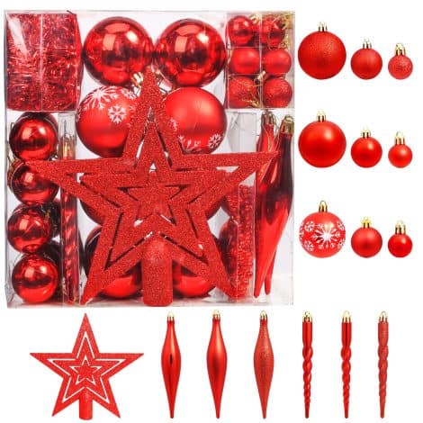 Boules de Noël en plastique, lot de 75, pour décorer le sapin, la maison et la table. En rouge.