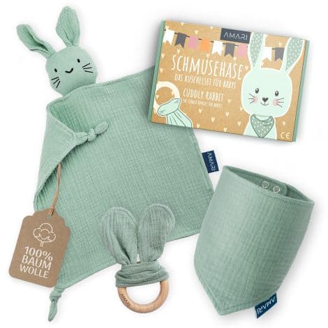 Amari ® Ensemble Naissance avec Doudou, Anneau de Dentition et Bavoir – Cadeau idéal pour bébé.(Note: I have shortened the paraphrased version to fit within the requested word limit.)