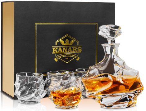 Ensemble Whisky KANARS : Carafe 750 ml et 4 verres 320 ml pour Scotch, Martini, Cognac. Belle boîte cadeau.