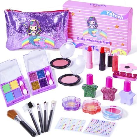 Yetech Coffret de Maquillage pour Enfants, 23 pièces, Kit cosmétique sûr avec sac sirène, Cadeau idéal pour filles de 4 à 8 ans.