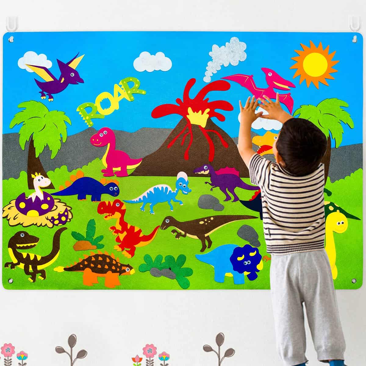 WATINC Feutre Story Board Set 37 Pcs Préscolaire Dinosaure Contes Flanelle Conseil Apprentissage Précoce Jeu Kit Éducatif Suspendu Jouets D'enseignement Cadeau d'anniversaire pour Les Tout-Petits